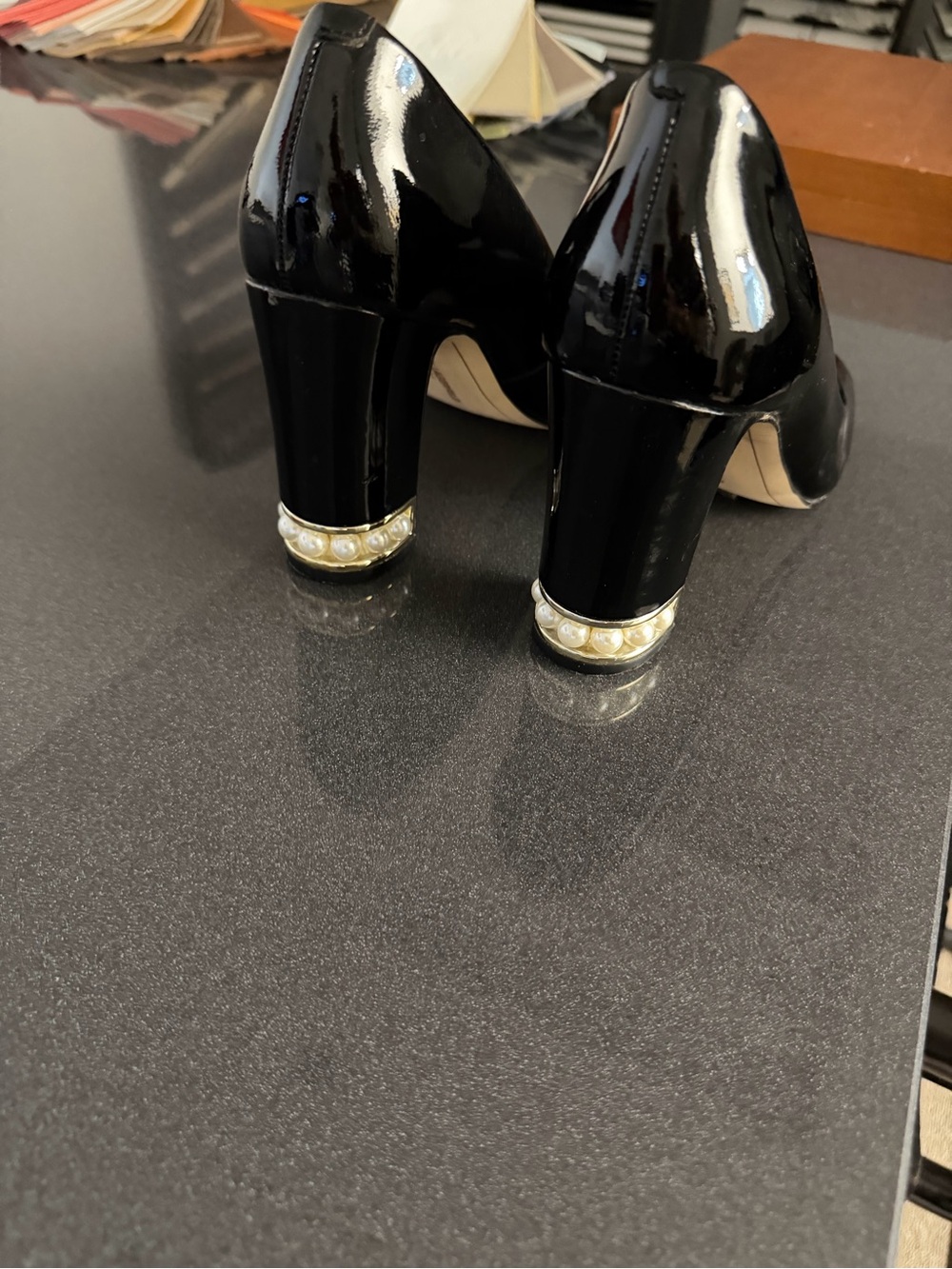 Karl Lagerfeld Black Patent Block Heels with Pearl & Gold Trim